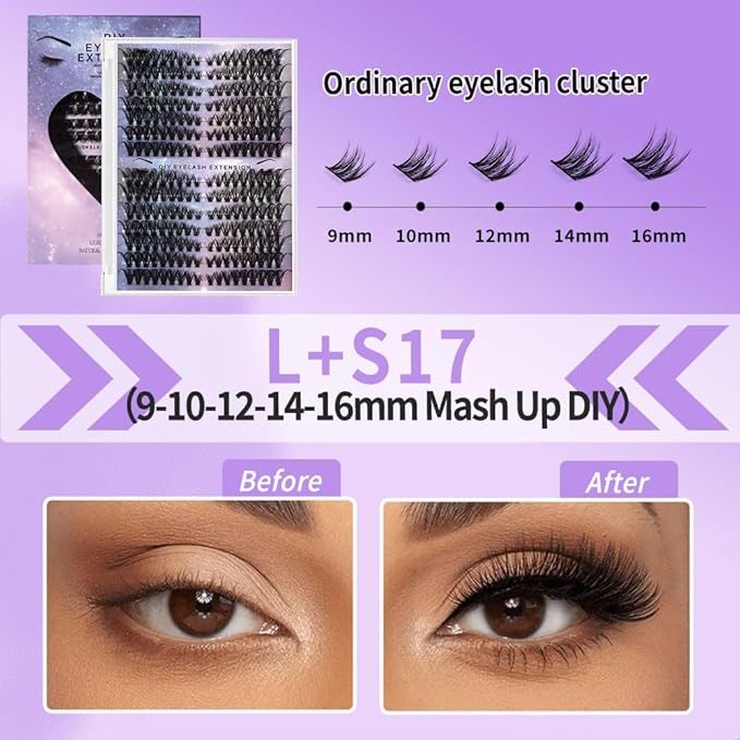 DIY Lash Clusters Kit Lash Extension Kit, 252pcs, 9-16mm, D Curl, Natural Volume Lash Extensions Wispy Eyelash Clusters Individual Lashes Kit Faux Mink Fiber, 2#Black