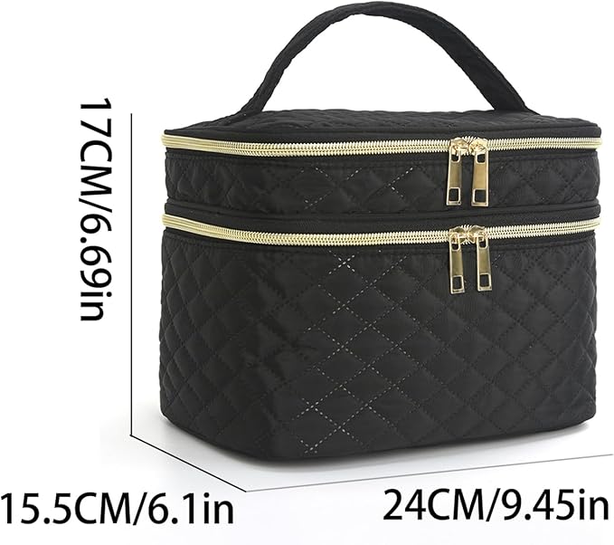 Travel Makeup Bag for Women Double Layer Large Cosmetic Case Water-resistant Toiletry Bag Organizer for Store Toiletries Cosmetic Accessories and Manicure Sets Black