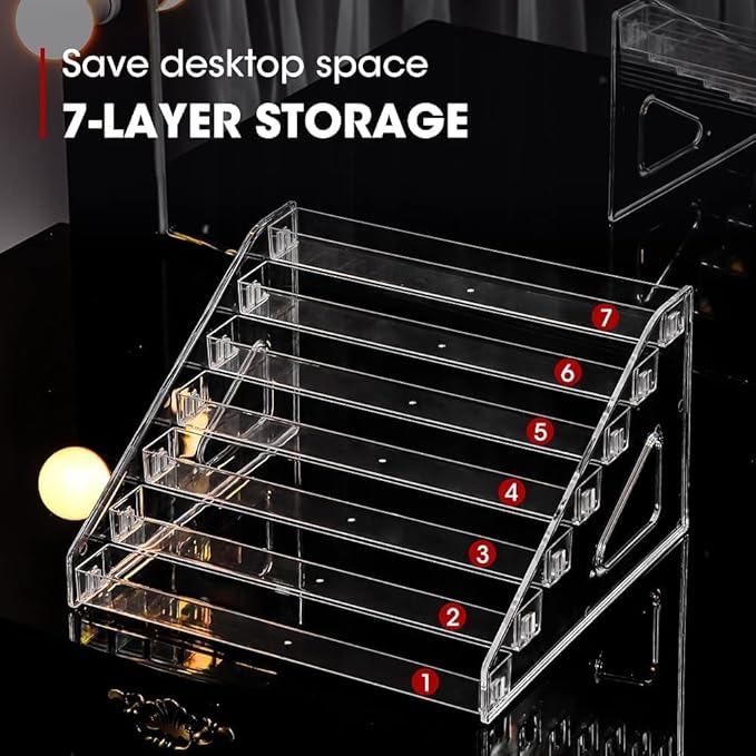 Nail Polish Organizer 84 Bottles of 7 Layers Sunglass Organizer Acrylic Display Rack Eyeglasses Storage Essential Oils Holder Makeup Organizer No Tool Needed Assembly, Clear