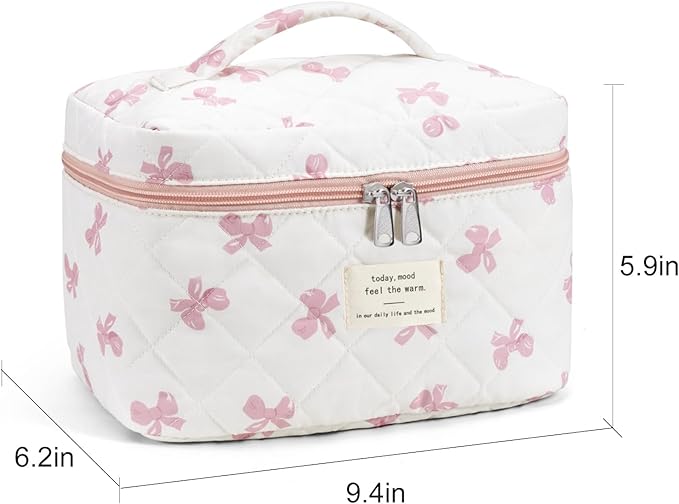 Makeup Bag for Women Quilted Cotton Make Up Bag Travel Cosmetic Bag Large Makeup Bag Cute Bow Makeup Bags Organizer Floral Toiletry Bag Makeup Pouch for Purse, Pink Bow