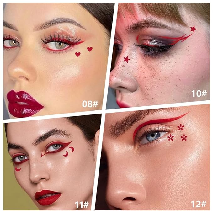 evpct Red Winged Eyeliners Stamp, 4 in 1 Stars Flowers Hearts Moon Face Makeup Stamp Set Eye Liners for Women, Red Liquid Eyeliner Long Lasting Waterproof Colorful Set, Colorful Eye Wingliner Shapes
