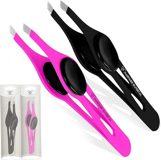 Professional Eyebrow Tweezers Slanted Tip Stainless Steel 2,3xPcs Set, Non-Slip Grip Slant Tip Tweezers for Facial Hair, Plucking Removing Ingrown Hairs, Tweezer for Women Men (Black&Pink)