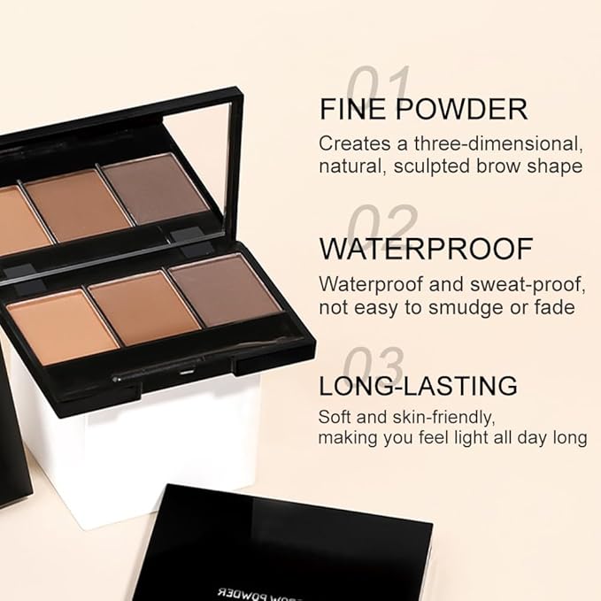 Brow Powder Kit with Mirror – Long-Lasting 3-Color Brow Filler for Full, Defined Natural Brows, Contour Palette with Double-Ended Brush, sombra para cejas (01)