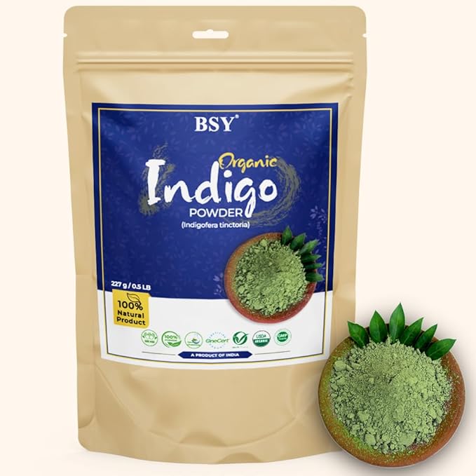BSY Organic Indigo Powder - 100% Natural Indigofera Tinctoria (Indigo), Triple Sifted Avuri Leaf Powder for Hair Coloring - 227g / 0.5 LB
