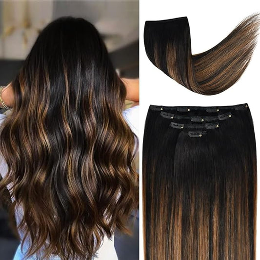 22" Hair Extensions Clip in Human Hair for Women - Silky Straight Remy Real Long Human Hair Clip on 90grams 4pieces #(1BT6) P1B Color