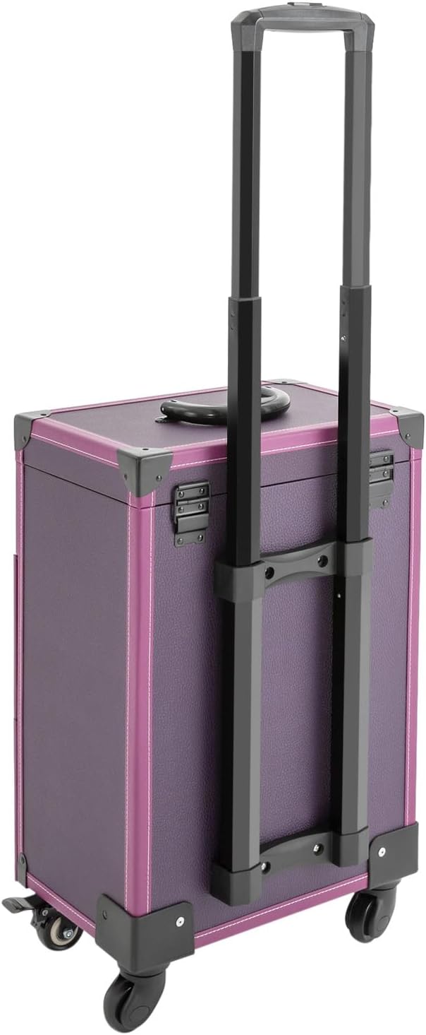 Makeup Train Case, Rolling Makeup Trolley Case, 3 Tiers Lockable Nail Polish Organizer with 2 Keys 4 Wheels (2 with Brakes) for Travel Makeup Artists Nail Technicians (Purple Case, Black Lock)