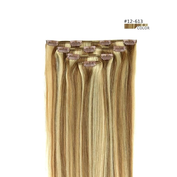 14" Clip in Hair Extensions Remy Human Hair for Women - Silky Straight Human Hair Clip in Extensions 50grams 4pieces #12-613 Color