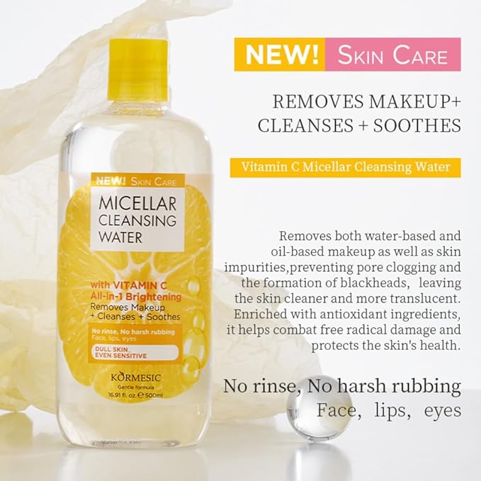 Micellar Water with Vitamin C, Face Cleanser & Makeup Remover For Eye, Lip & Face Makeup, Gentle Hydrating Formula For All Skin Types - 16.9 Fl Oz