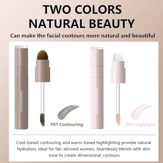 2Pcs Cool Toned Liquid Contour and Highlighter Stick, Blendable Lightweight Cold Grey Bronzer Contouring Smooth Brightening Illuminator Face Shaping Makeup Kit, Long-Lasting and Matte Finish