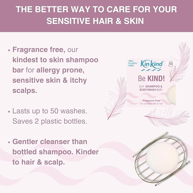 KinKind Be KIND! Unscented Shampoo Bar & BodyWash bar | 2in1 for Hair & Body | Unscented for Sensitive Scalp | Natural Shampoo Bar, Fragrance, Linalool & Limonene Free | Up to 50 Washes