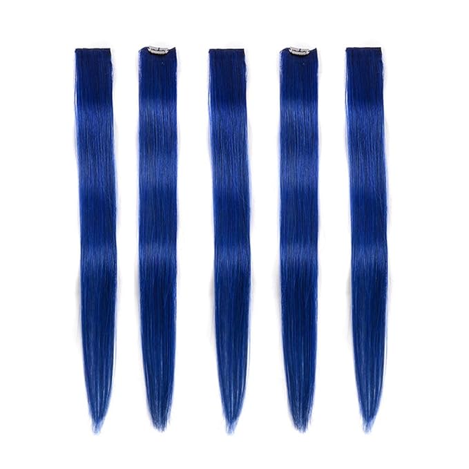 Winsky Blue Clip in Hair Extensions 100% Real Human Hair - Straight Highlights Colored Clip on Christmas Hairpieces 5 Pieces/Set (18inch, Blue)