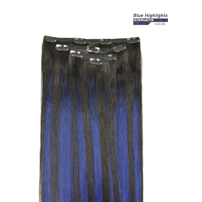 12" Clip in Hair Extensions Remy Human Hair Blue Balayage for Women - Silky Straight 100% Real Human Hair 50grams 4pieces #(1B/Blue) T1B Color