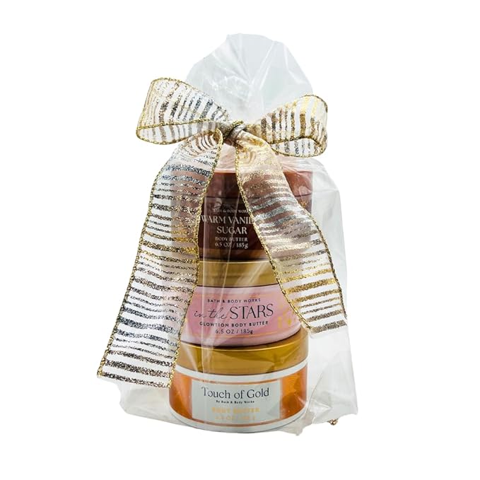 Bath & Body Works Golden Bundle 3-Pack Body Butter Gift Set – In The Stars Glowtion, Touch of Gold & Warm Vanilla Sugar 6.5 oz each with 30-Inch Metallic Gold & Silver Striped Bow for Holidays