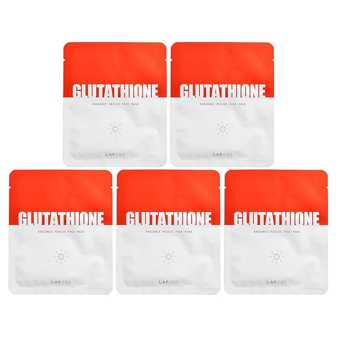 LAPCOS Glutathione Radiance Rescue Mask - Korean Skin Care Mask w/Glutathione, Niacinamide & Peptides - Hydrating Face Masks Spa Gifts for Women - Revitalizing & Firming Face Mask (5 Count, 0.91 oz)