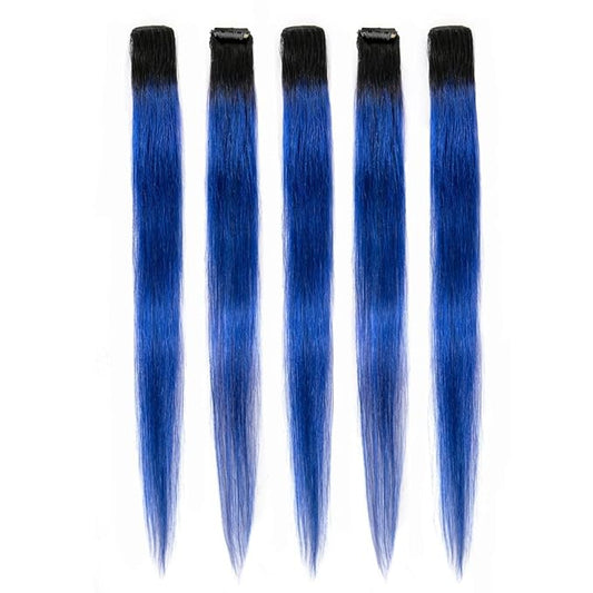 Winsky Blue Ombre Clip in Colored Hair Extensions 100% Real Human Hair - Hairpiece for Women Clip on 5 Pieces/set (18 Inch,1B-Blue)