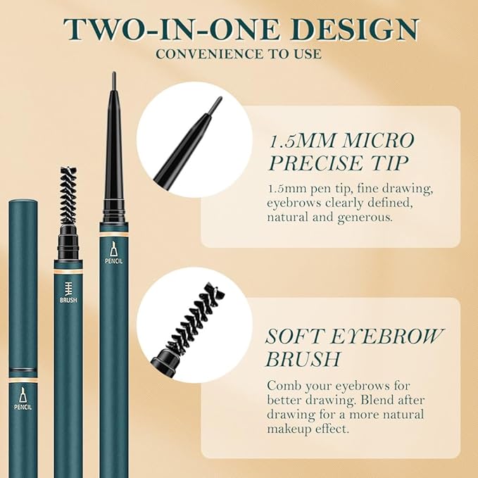 Fine Tip Eye Brow Pencils for Women, Ultra-Fine Mechanical Pencil with Eyebrow Brush,Draws Tiny Brow Hairs, 3 Pcs Waterproof Dual-Sided Defines, Fills Brows, Shapes, Contours, Combs-Natural black