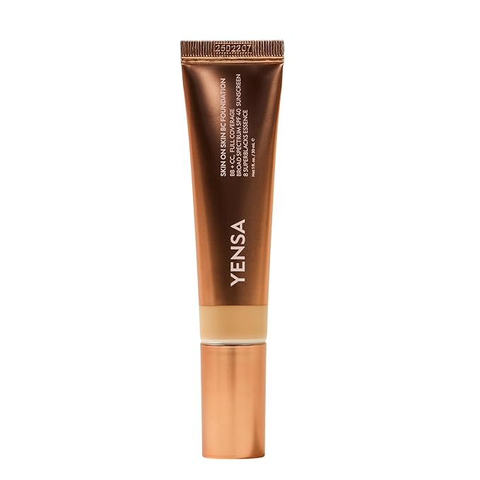 YENSA Skin on Skin BC Foundation Makeup - CC, BB Cream & Full Coverage Foundation-In-One - Buildable, Radiant Finish with SPF 40, Hyaluronic Acid, Peptides & 8 SuperBlacks - Medium Warm (1 oz)