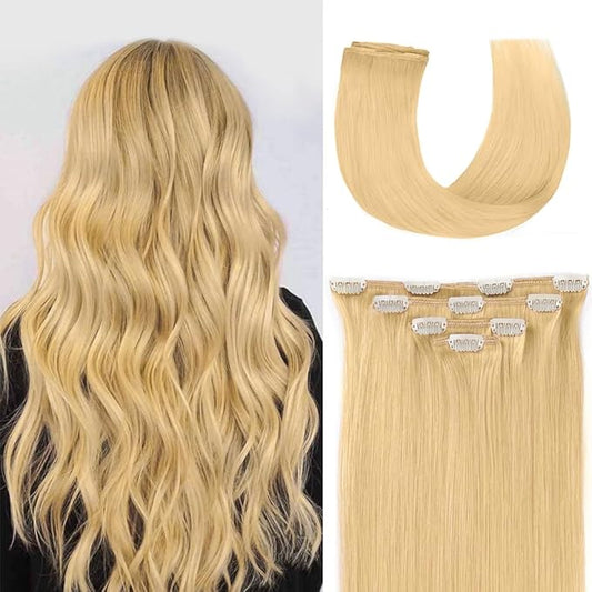 18" Clip in Hair Extensions Remy Human Hair for Women - Silky Straight Human Hair Clip in Extensions 60grams 4pieces Bleach Blonde #613 Color