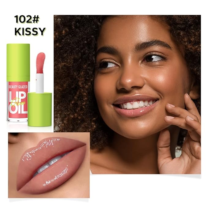 Beauty Glazed Big Brush Head Lip Oil, Ultra-Hydrating & Nourishing, Smooth Glossy Finish Lip Glow Oil, Shiny and Vegan Tinted Lip Gloss, Non-Sticky (4, 101# 102# 105# 107#)