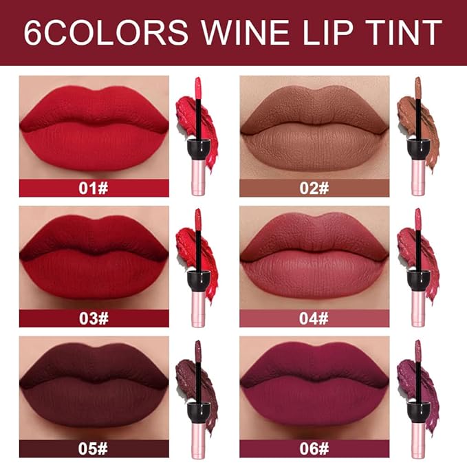 evpct 6Pcs Wine Bottle Lip Tint Stain Set Long Lasting Lipstick 24 hour Waterproof for Women, Ruby Dark Deep Rose Red Plum Purple Brown Matte Lipstick 24 Hours Lipsticks Lip Liner Stain Peel off