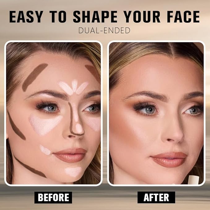 2Pcs Dual-Ended 2-in-1 Cream Contour & Highlighter Stick Makeup For Face & Body – Waterproof, Long-Lasting, Suitable for All Skin Tones, (01+03)