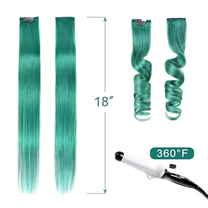 Winsky Teal Hair Extensions Clip in Human Hair - 100% Straight Halloween Party Highlights Clip on Colored Hair Extensions 5 Pieces/Set (18inch,Teal)