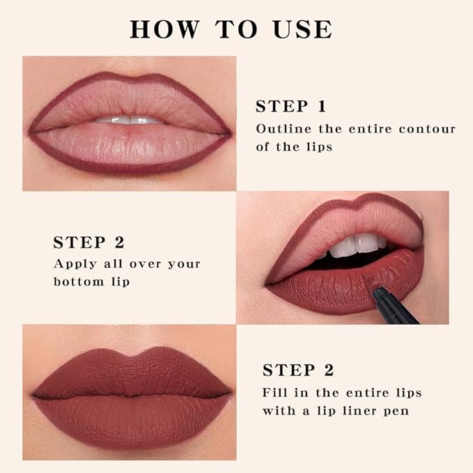 evpct Longwear Liquid Lip Liner Stain Marker Pen Long Lasting Waterproof, Black Cherry Matte Semi Permanent 24 Hour Lip Liner and Lipstick Combo, Korean Color Stay Lipliner All Day Lips Stain peel off