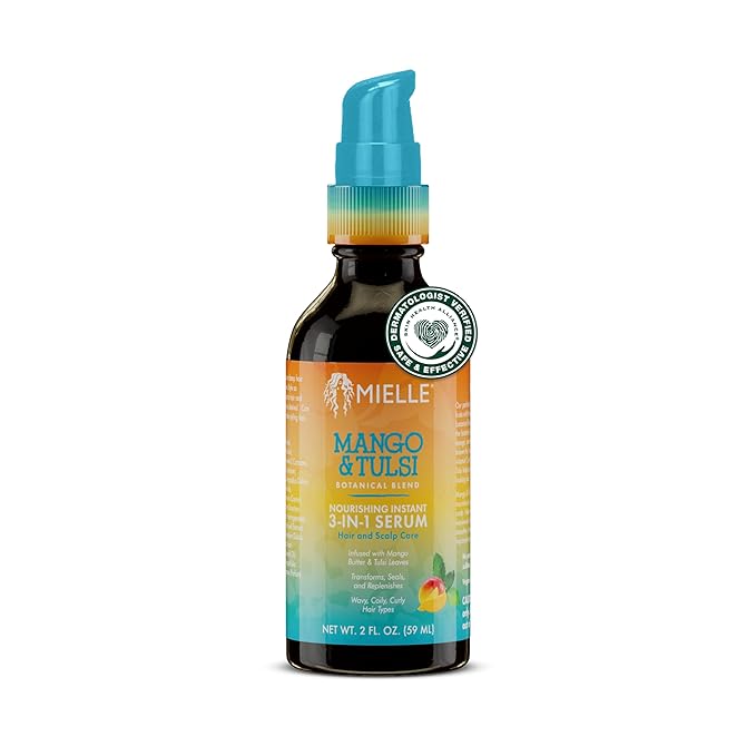 Mielle Organics Mango & Tulsi Nourishing 3-in-1 Hair Serum - Hair & Scalp Serum for Frizz Control, Split Ends & Moisture Balance - Strengthens & Seals Cuticles with Nutrients (12 Fl Oz)