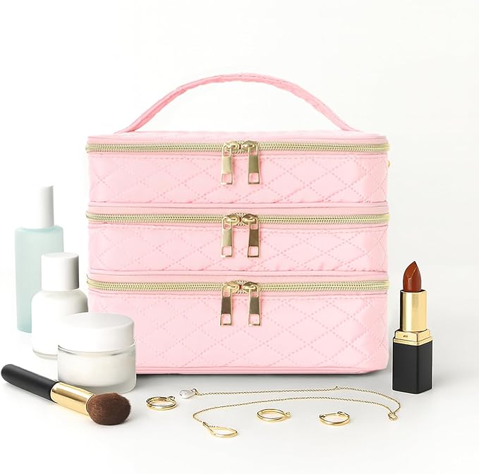 Travel Makeup Bag for Women Three Layer Large Cosmetic Case Water-resistant Toiletry Bag Organizer for Store Toiletries Cosmetic Accessories and Manicure Sets Pink