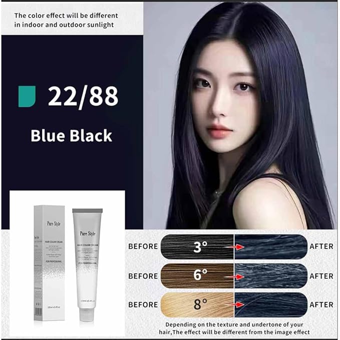 PureStyle 100g Professional Permanent Hair Color Dye Cream Ammonia Free, Long Lasting Blue Black Color, Natural Shine, For All Hair Types Easy At Home Application (22/88 Blue Black)