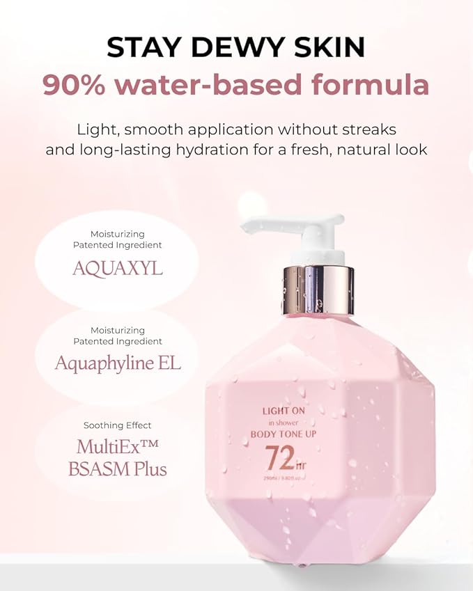 BOM Light On In Shower Body Tone Up Lotion 9.80 fl.oz, Lightweight Non-Greasy Moisturizer, Peach, Milk Protein, Rose, Yogurt Extracts, Long Lasting Body Shower Lotion, Hypoallergenic Korean Skincare