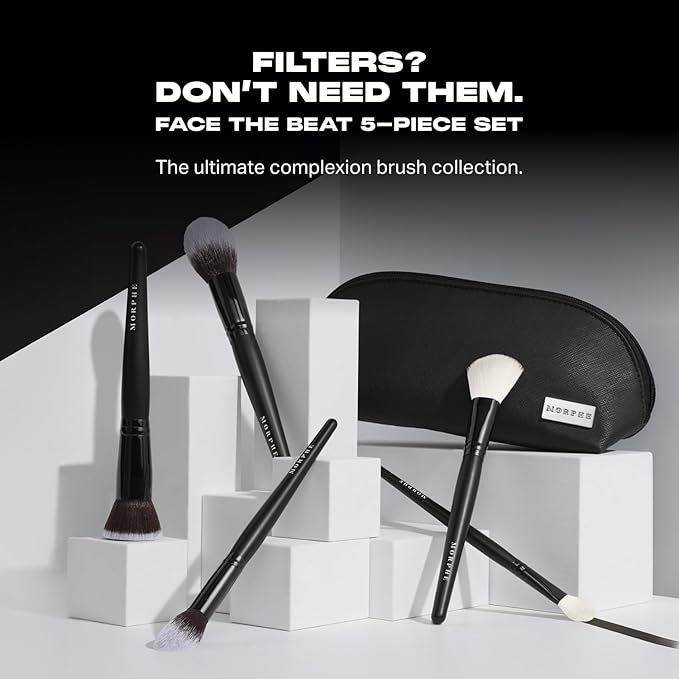 Morphe Face The Beat Makeup Brushes - 5 Piece Makeup Brush Set with Foundation, Blush, Contour & Blending Brushes - Made with Synthetic Bristles & Includes Makeup Brush Case (5 Count)