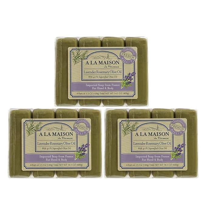 A LA MAISON Lavender Rosemary Olive Oil Bar Soap - Uses: Hand and Body, Triple Milled, Essential Oils, Biodegradable, Plant Based, Vegan, Cruelty-Free, Alcohol & Paraben Free (12 Bars of Soap, 3.5 oz)