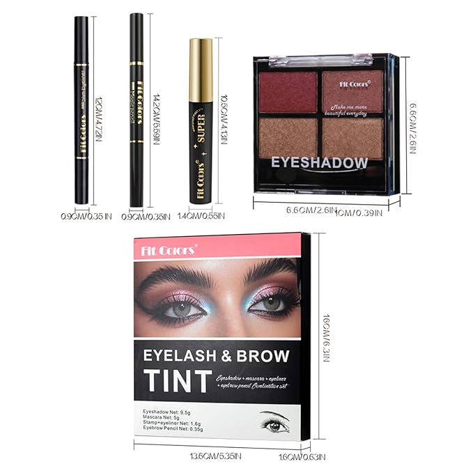 4-in-1 Eye Makeup Kit 4 Colors Eyeshadow Palette Black Liqiud Eyeliner with Stamp and Double-headed Brown Eyebrow Pencil Set for Women Beginners Gift (01)