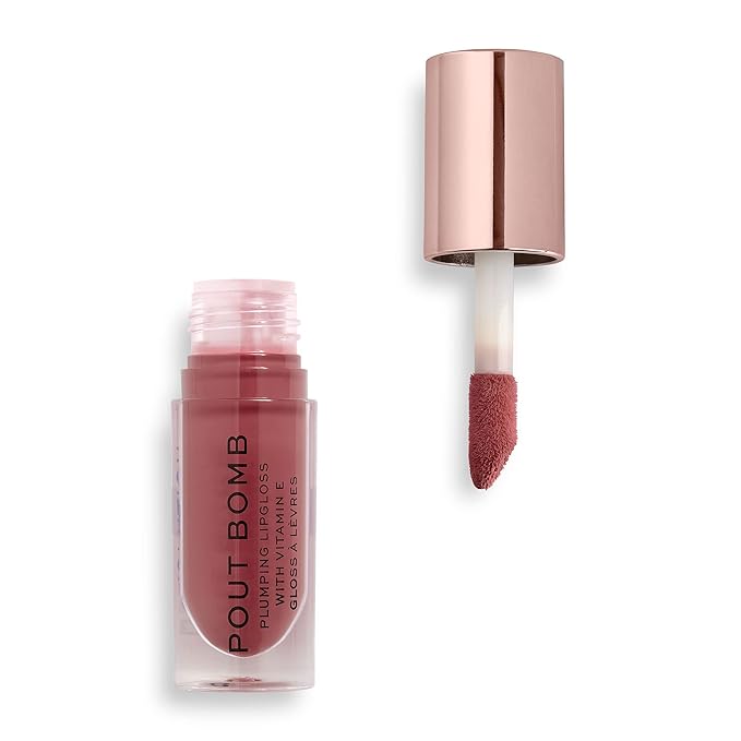 Revolution, Pout Bomb Plumping Lip Gloss, High Shine, Rich Glossy Pigment, Infused with Vitamin E, Sauce Dusty Pink, 0.15 fl oz
