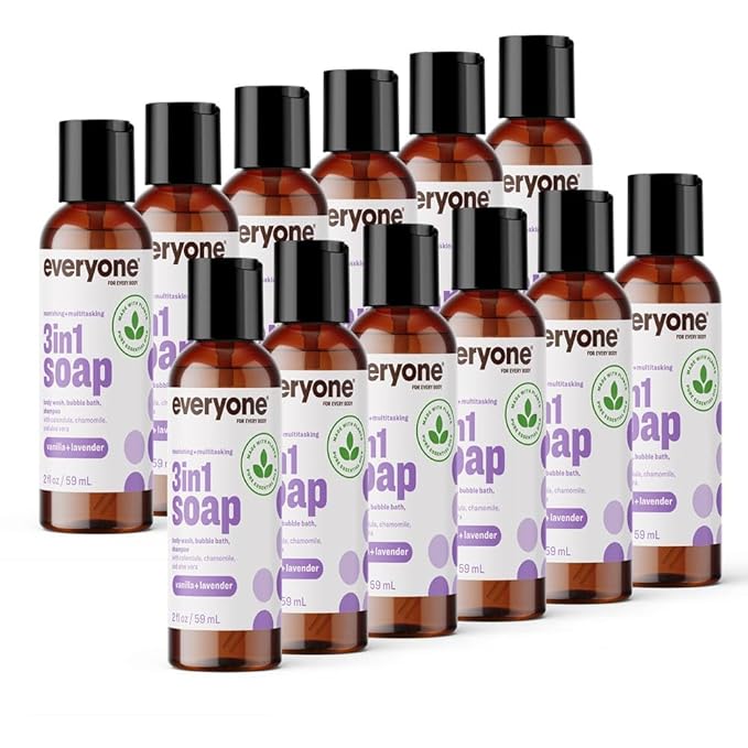 Everyone 3-in-1 Soap Body Wash, Bubble Bath, Shampoo, Travel Size, 2 Ounce (Pack of 12), Vanilla and Lavender, made with Essential Oils for Men and Women