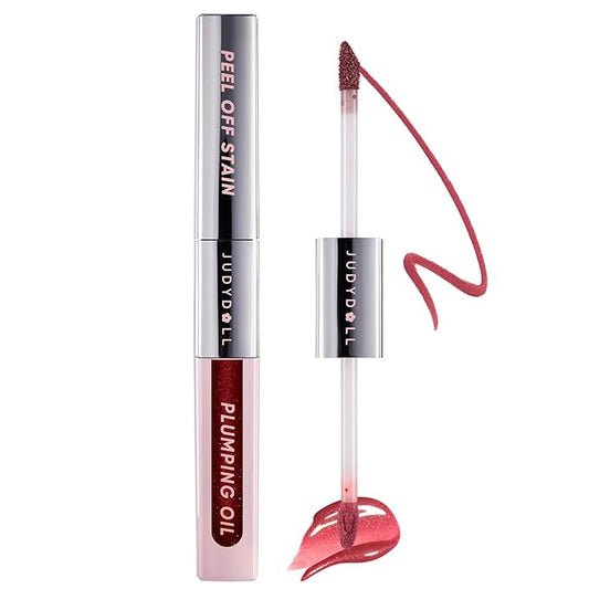 JUDYDOLL Peel Off Stain and Plumping Oil Duo - Macaron-Inspired Long-Lasting Lip Stain with 3D Plumping Gloss, Hydrating and Non-Sticky Formula (#03 Cherry Spark)