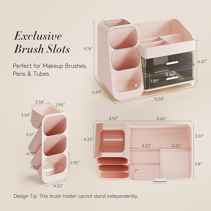 Delamu Large Makeup Organizer with Drawers, Spacious Cosmetic Display Caddy with Makeup Brush Holder, Bathroom Countertop Organizer for Vanity, Dorm, Desk, Pink