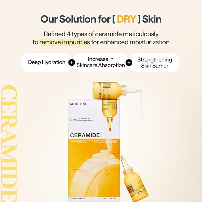 Mediheal Ceramide Essential Sheet Mask Moisture Barrier 10 pcs. 90% Ceramide & 4X Ceramide Liposome Technology for intense hydration and strengthening the barrier. Vegan formula