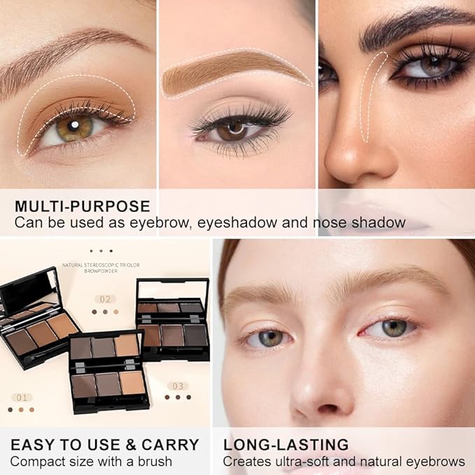 Brow Powder Kit with Mirror – Long-Lasting 3-Color Brow Filler for Full, Defined Natural Brows, Contour Palette with Double-Ended Brush, sombra para cejas (01)