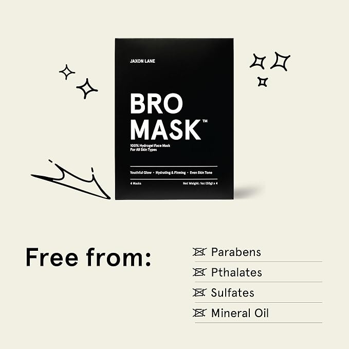 JAXON LANE BRO MASK Premium Korean Face Mask for Men (4 Pack) - Anti Aging Sheet Masks w/Hydrogel, Vitamin C, Hydrolyzed Collagen, & Hyaluronic Acid - Perfect Skin Care Stocking Stuffers for Men