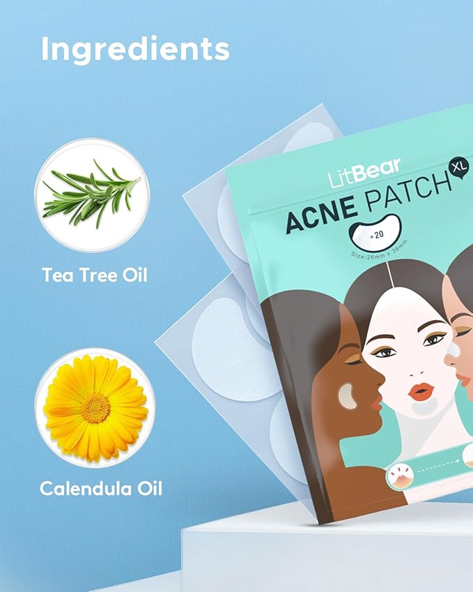 LitBear Acne Patches Large, Hydrocolloid Pimple Patches for Breakouts, Zit and Blemish, Large Acne Patches for Face, Chin, Back and Body with Tea Tree & Calendula Oil