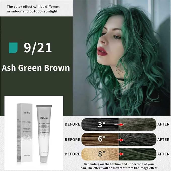 PureStyle 100g Professional Permanent Hair Color Dye Cream Ammonia Free, Long Lasting Ash Green Brown Color, Natural Shine, For All Hair Types Easy At Home Application (9/21 Ash Green Brown)