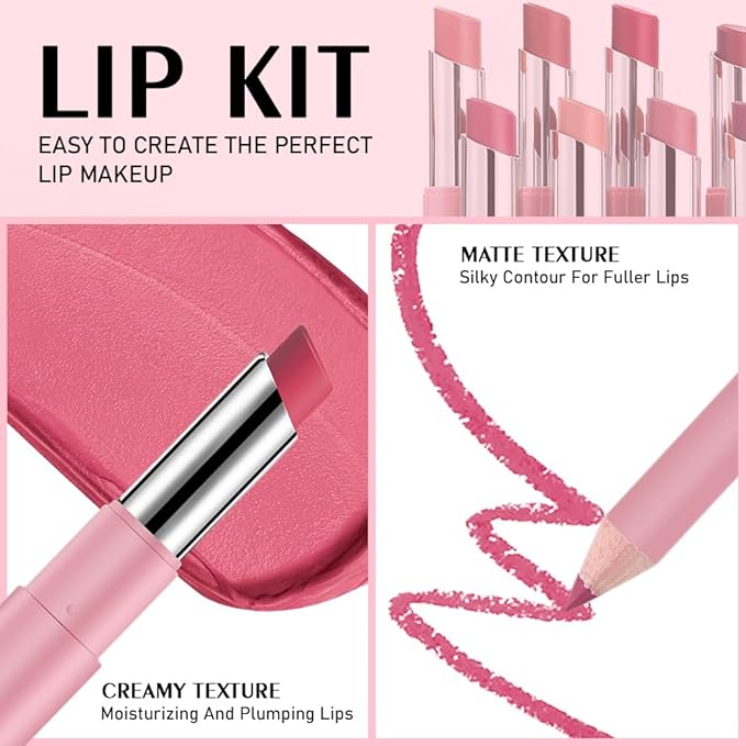 2-in-1 Rose Red Matte Lip Liner & Lipstick Combo Set,Lips Kit with Lip Liner Lip Stains Long Lasting Waterproof Smudge Proof for Older Women 24 Hours Lipliners Pencil Lipstick Makeup Gift Kit,Vegan