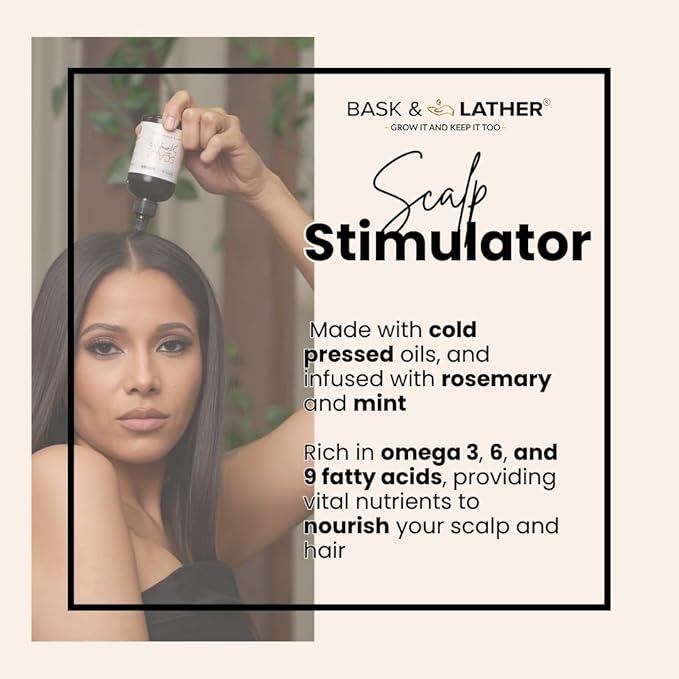 Bask & Lather Scalp Stimulator Hair Growth Oil, Cold Pressed Mint and Rosemary Blend with Grapeseed for Hair Growth, Organic Natural Leave in, All Hair Types, 2 Fl Oz