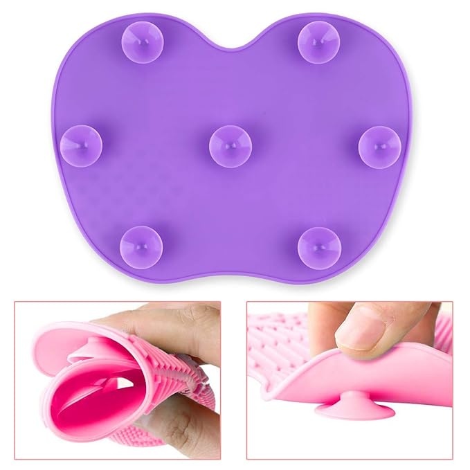 Silicon Makeup Brush Cleaning Mat - Multi-Textured Surface, Suction Cup for Hands-Free Use, Portable Design - Purple