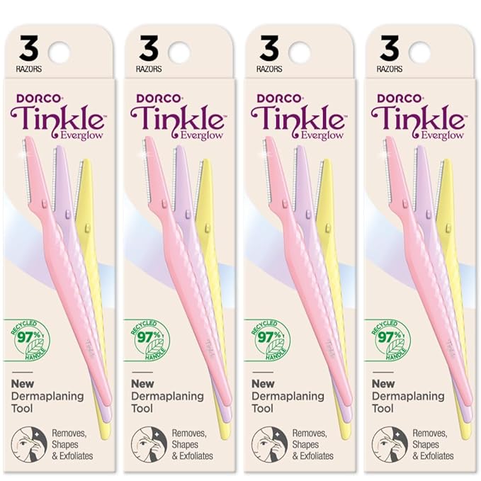Tinkle Everglow Dermaplane Razor (12 ct - 4 packs of 3ct), Eyebrow Razor & Face Razors for Women, Peach Fuzz Remover, Dermaplaning Tool, Stainless Steel Blades, Stocking Stuffers