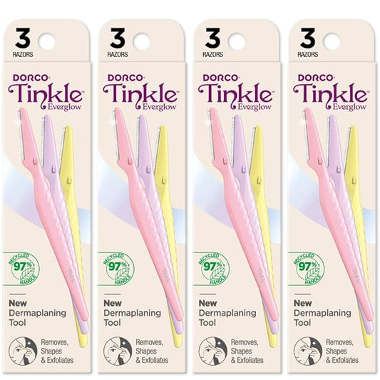 Tinkle Everglow Dermaplane Razor (12 ct - 4 packs of 3ct), Eyebrow Razor & Face Razors for Women, Peach Fuzz Remover, Dermaplaning Tool, Stainless Steel Blades, Stocking Stuffers