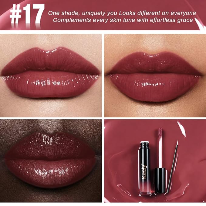 Kaely Longwear Shine Lipstick for Women, Highly Pigmented Liquid Lip Color Makeup, Non-Transfer Lip Gloss Stain Waterproof Smudge Proof 24 Hour, Glossy Finish, Vegan & Cruelty-free, 17 RUM RAISIN