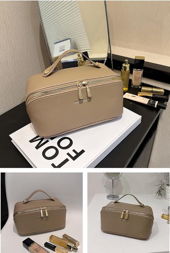 Large Capacity Checkered Makeup Bags Portable Travel Cosmetic Bags Open-Flat Toiletry Bag for Women Girls Make Up Organizer with Divider Pouch Zipper Bag (C-Khaki)